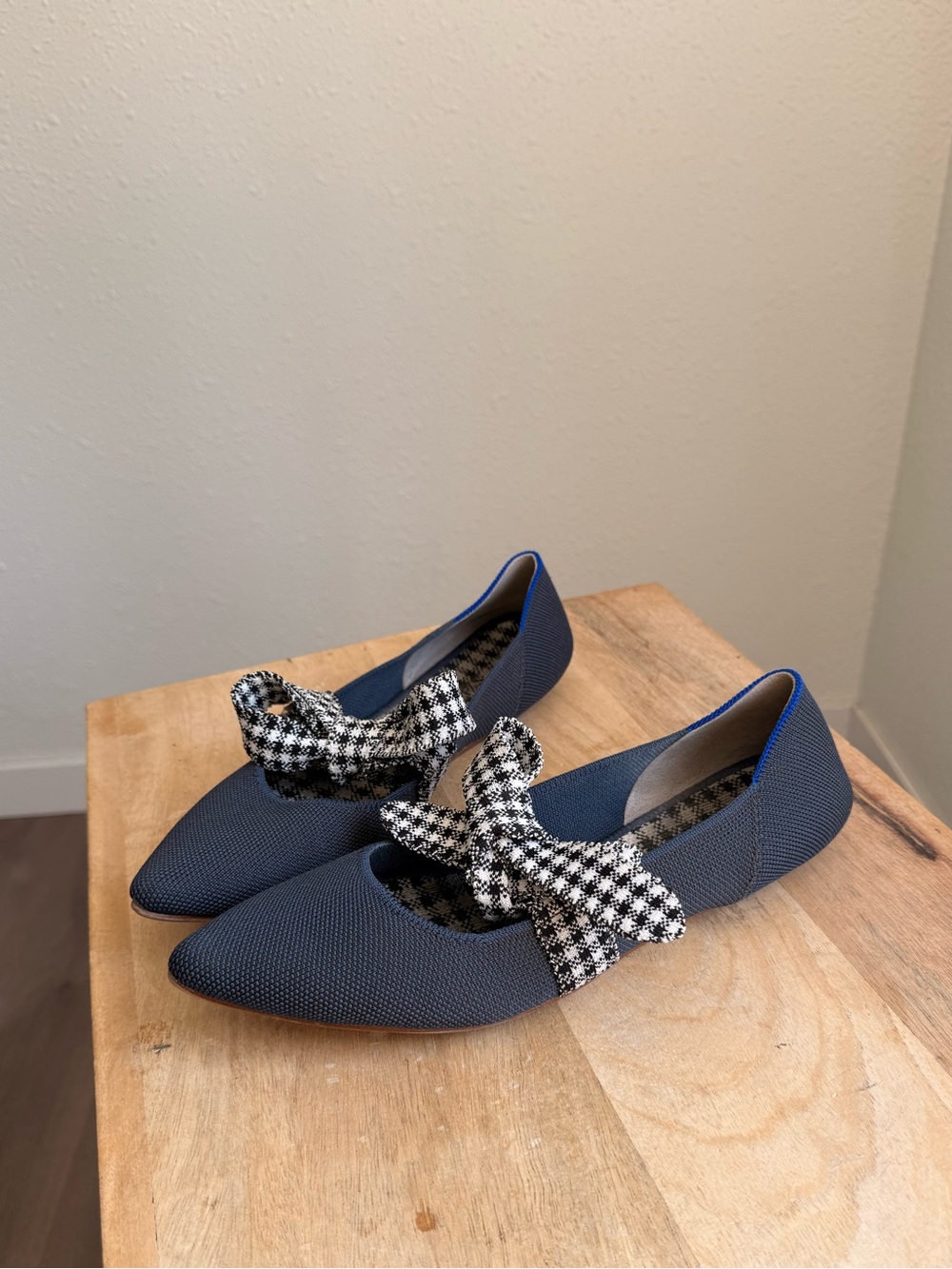 Rothy’s ink blue gingham Mary Jane bow the point pointy flats 10